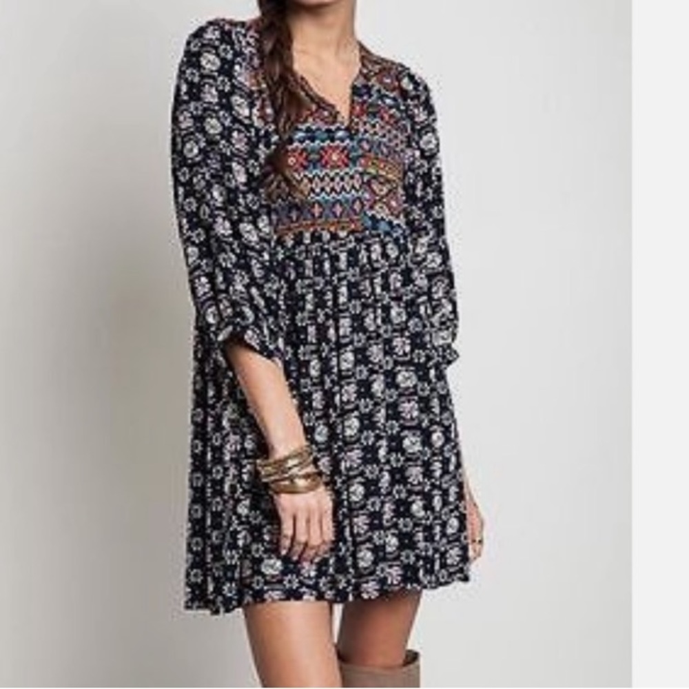 Umgee Navy Blue Aztec Boho 3/4 Sleeve Dress Size Small